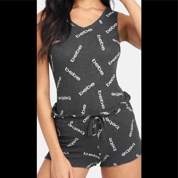 NWT BEBE All over LOGO waffle shorts set dark charcoal and white - Picture 1 of 8